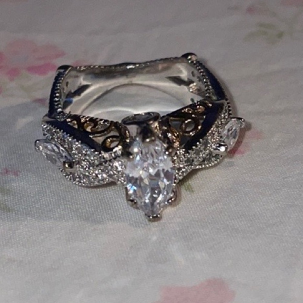 Rhodium Engagement Ring with CZ Stones